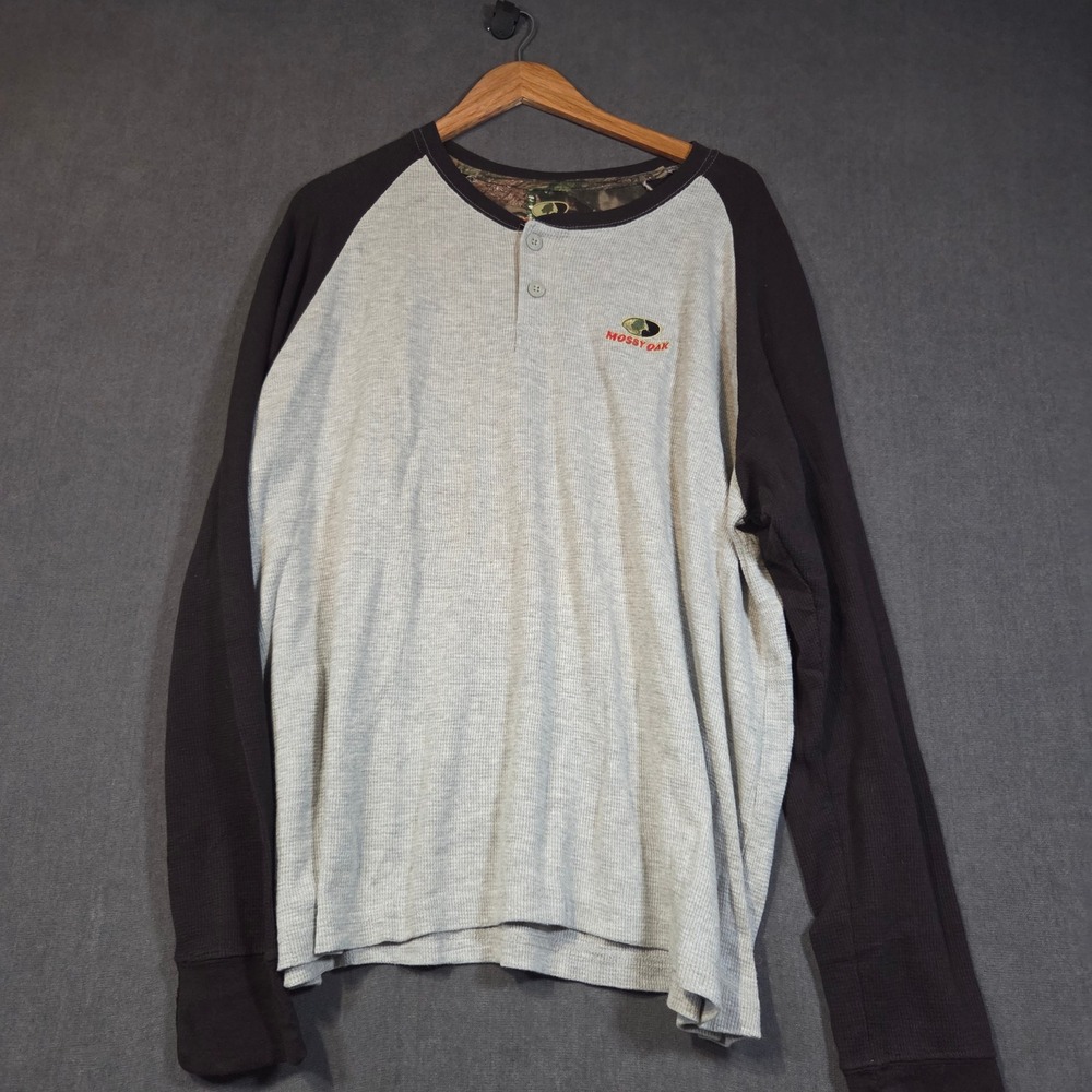 Mossy Oak Henley Shirt Mens 2XL Gray Black Long Sleeve Waffle Knit Raglan Logo